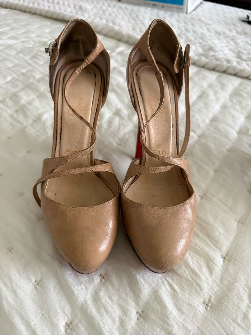 Christian Louboutin Beige Leather Ankle-Strap Heels with Red Soles - Picture 3 of 8